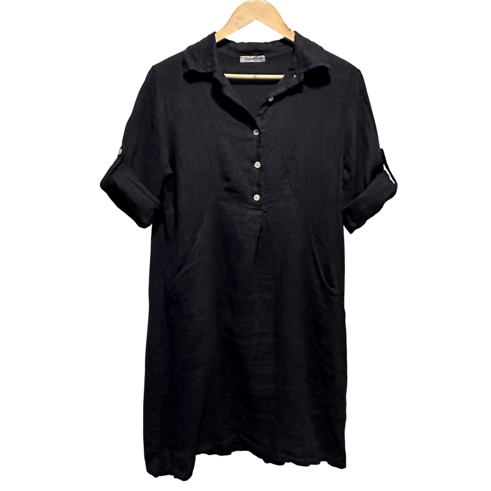 Elena‎ Baldi Linen Midi Dress Womens Small Roll Tab Sleeve Euro Summer Lagenlook